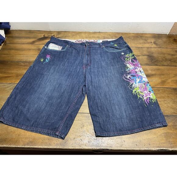 VTG Ecko Unltd Shorts Mens Sz 42 Blue Denim Baggy Jorts Graffiti Hip Hop Y2K - Picture 1 of 15